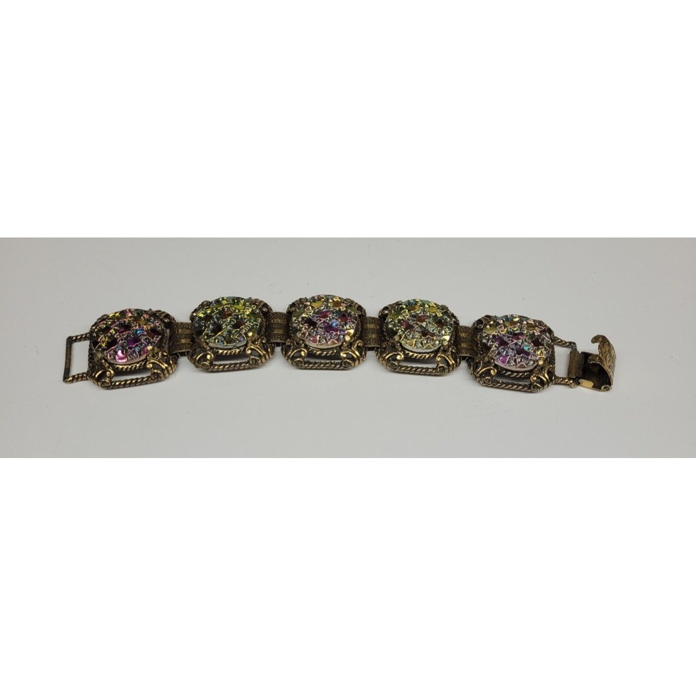Vintage Ornate Signed Judy Lee Iridescent Carnival Glass‎ Gold Bracelet